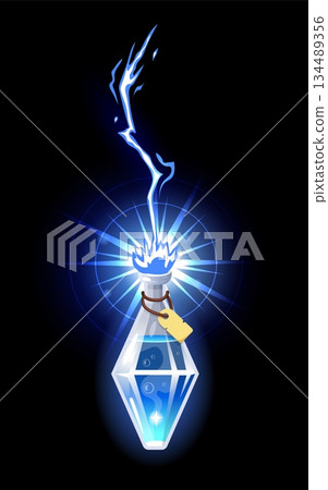 Lightning strikes potion bottle. Glass phial for energy drink. Magical elixir. Thunder hit. Fantasy beverage flask. Thunderstorm magic glow. Electricity impact. Witch alchemy. Vector witchcraft object Lightning strikes potion bottle. Glass phial for energy drink. Magical elixir. Thunder hit. Fantasy beverage flask. Thunderstorm magic glow. Electricity impact. Witch alchemy. Vector witchcraft object 134489356