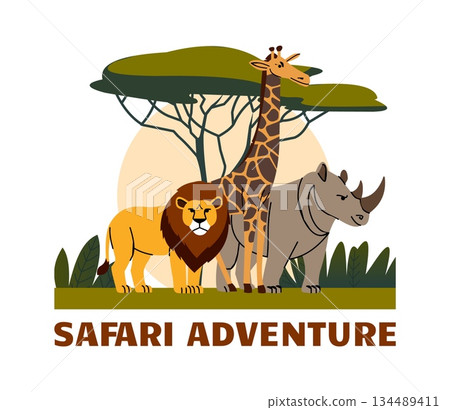 Animal adventure. Zoo park label. Safari nature. African fauna wildlife. Giraffe and lion. Wild rhinoceros. Wilderness scene. Savannah panorama. Travel in Africa. Wild mammals. Vector banner design 134489411