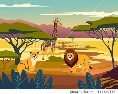Zoo park. African nature. Wild animals. Savannah nature. Giraffe and lion at meadow. Safari field panorama. Travel in Africa. Mammals wildlife. Natural panorama. Wilderness scene. Vector background 134489412