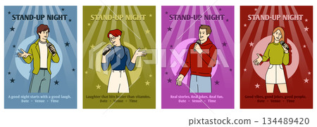 Comedy show. Monologue on stage. Artists club. Woman and man with microphone. Humorous performance. Joke stories of speakers. Show promotion, event flyer. Vector cartoon flat isolated illustration Comedy show. Monologue on stage. Artists club. Woman and man with microphone. Humorous performance. Joke stories of speakers. Show promotion, event flyer. Vector cartoon flat isolated illustration 134489420