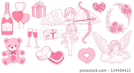 Cute Valentines tattoo. Vintage Cupid sticker. Pink watercolor cherub. Love angel, arrow and champagne bottle. Doodle heart, hand drawn bow and toy bear. Vector line cartoon flat isolated illustration 134489422