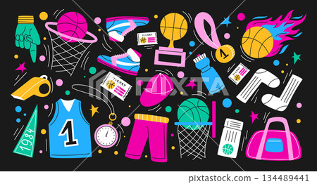 Basketball retro sport. Game stickers. Orange sphere ball, athlete with sneakers. Doodle field, basket, hand and flag. Baseball cap, gold medal. Vector training garish cartoon flat isolated graphic 134489441