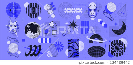 Y2k cyberpunk. Retro futuristic. Graphic decorative element. Brutalism, bitmap texture, halftone noise. Tattoo human face. Planet, globe icon, stars and moon. Vector vintage garish logo isolated set 134489442