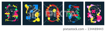 Greek sculpture. Y2K logo. Urban icon. Mythology of graffiti art. Ancient face of statue. Texture grunge print. Trendy acid graphic vector street garish design cartoon flat style isolated illustration 134489443