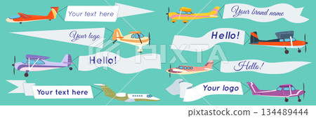 Plane with flag, banner on ribbon. Fly on airplane. Air news, advertising aviation. Vehicle with ribbon. Aerial transport. Message in sign, propeller planes and jet. Vector marketing for advertising 134489444