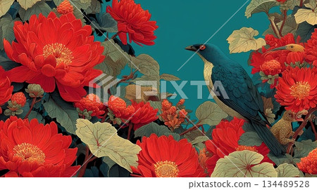 Red flower bird retro background 134489528