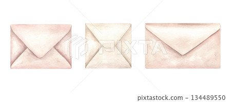 Watercolor rectangle and square envelopes for letters warm sand color clip art illustration on isolated background. Three beige closed paper letters. For designing wedding invitations, website headers 134489550