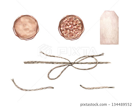 Watercolor vintage elements for sealing and decorating clip art on isolated background. Wax seals, tag, twine with bow illustration. Elements for wedding invitation, packaging design, gift wrapping. 134489552