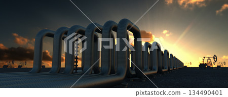 steel long pipes in crude oil factory during sunset. 3d illustration steel long pipes in crude oil factory during sunset. 3d illustration 134490401