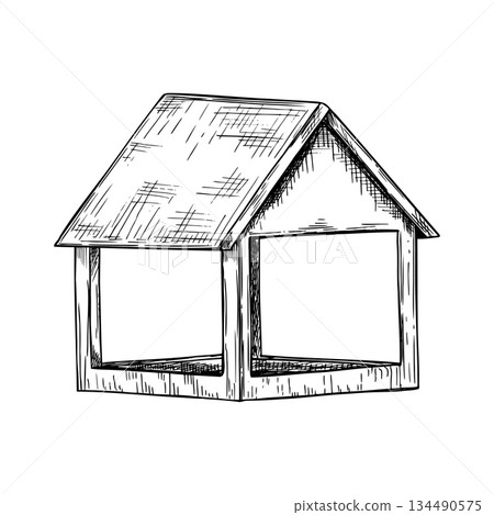 Classic wooden birdhouse feeder vector illustration painted by black inks. Element for feeding birds and animals in winter. For eco friendly projects, educational materials about wildlife, web design. 134490575