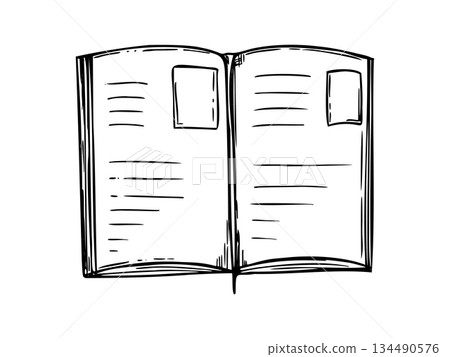 Monochrome open naturalist's journal with outlined frames for photos or sketches and pre drawn lines for notes, decorative bookmark vector isolated illustration. For nature blog graphics, design 134490576