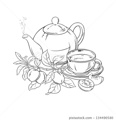 Apricot Tea in Teapot Outline Illustration Apricot Tea in Teapot Outline Illustration 134490580