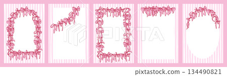 Collection of Girly Coquette style cards. Hand-drawn Vintage templates with garland of bows, on striped background. Romantic decoration for greeting card, invitation, wedding, Valentines day. 134490821
