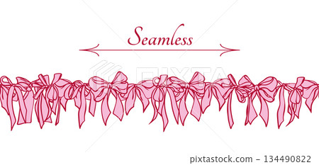 Pink Coquette Ribbon Bow seamless Border. Hand-Drawn Feminine Vintage Frame for wedding invitation, textile, seasonal designs, cards, web banner. Vector Illustration. Pink Coquette Ribbon Bow seamless Border. Hand-Drawn Feminine Vintage Frame for wedding invitation, textile, seasonal designs, cards, web banner. Vector Illustration. 134490822