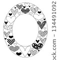 Hand drawn doodle hearts Frame oval Valentine's Day. Vector graphic line black and white illustration. Copy space Template for package, holiday design, fabric and textile. 134491092