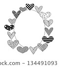 Doodle hearts Frame oval Valentine's Day. Vector graphic line black and white illustration. Romantic banner. For poster, invitation, backdrop, ad, sale promotion, print for t-shirt 134491093