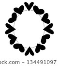 Black hearts Frame oval Valentine's Day. Vector graphic line black and white illustration. For poster, invitation, backdrop, ad, sale promotion, print for t-shirt logo, web, package, sticker. 134491097