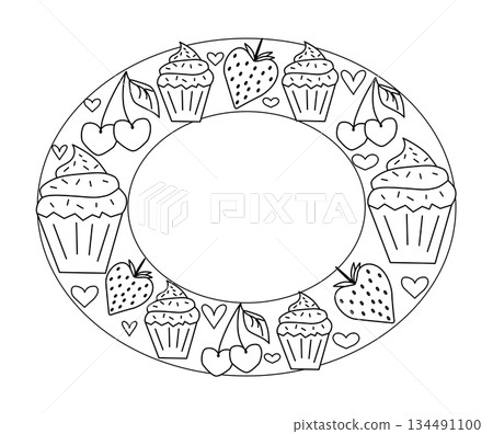 Cupcake with cherries, strawberries and hearts. Frame oval Valentine's Day. Vector graphic line black and white illustration. Design for package, cosmetic, textile, cards. Cupcake with cherries, strawberries and hearts. Frame oval Valentine's Day. Vector graphic line black and white illustration. Design for package, cosmetic, textile, cards. 134491100