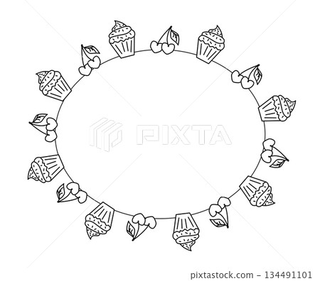 Cupcake with cherries Frame oval Valentine's Day. Vector graphic line black and white illustration. For poster, invitation, backdrop, ad, sale promotion, print for t-shirt 134491101