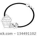 Sweet cake cupcake wit cherries and strawberry Frame oval Valentine's Day. Vector graphic line black and white illustration. For poster, invitation, ad, sale promotion, print for t-shirt 134491102