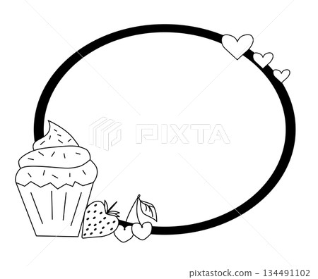 Sweet cake cupcake wit cherries and strawberry Frame oval Valentine's Day. Vector graphic line black and white illustration. For poster, invitation, ad, sale promotion, print for t-shirt Sweet cake cupcake wit cherries and strawberry Frame oval Valentine's Day. Vector graphic line black and white illustration. For poster, invitation, ad, sale promotion, print for t-shirt 134491102
