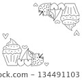 Cupcakes and muffins with cherry and strawberry Frame rectangle Valentine's Day. Vector graphic line black and white illustration. Bakery frame graphics, food magazine border, tea room menu. 134491103