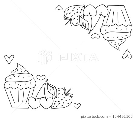 Cupcakes and muffins with cherry and strawberry Frame rectangle Valentine's Day. Vector graphic line black and white illustration. Bakery frame graphics, food magazine border, tea room menu. Cupcakes and muffins with cherry and strawberry Frame rectangle Valentine's Day. Vector graphic line black and white illustration. Bakery frame graphics, food magazine border, tea room menu. 134491103