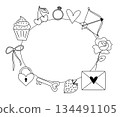 Valentine's Day Pink Heart and Bow Frame oval . Vector graphic line black and white illustration. For poster, invitation, backdrop, ad, sale promotion, print for t-shirt 134491105