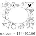 Valentine's Day Frame oval rectangle Vector graphic line black and white illustration. Perfect for spring holidays. With love. Hand drawn frame, greeting card. Vector illustration 134491106