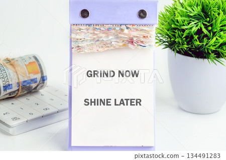 A daily calendar displays the words GRIND NOW SHINE LATER with a money roll and a calculator, symbolizing dedication and hard work for future wealth. A vibrant green plant signifies growth 134491283
