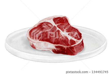 Fresh raw beef steak on a white plate watercolor illustration. Food clip art. Hand-drawn organic cow meat on a white background. Perfect for cookbook design, restaurant menus, and butcher shop signs. 134491745