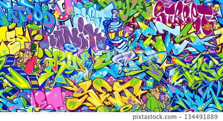 Trendy Seamless Colorful Modern Abstract Urban Style Hiphop Graffiti Street Art Vector Background 134491889