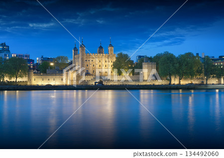 Tower of London at Blue Hour with Illuminated Historic Architecture Tower of London at Blue Hour with Illuminated Historic Architecture 134492060