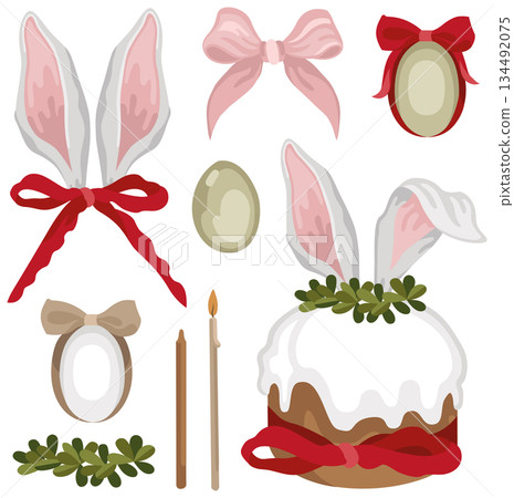 Hand-drawn Easter collection with Easter cake, candles and dyed eggs, bows and bunny ears Hand-drawn Easter collection with Easter cake, candles and dyed eggs, bows and bunny ears 134492075