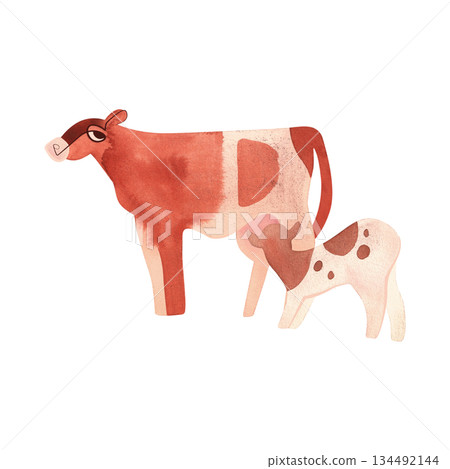 The Ayrshire is a Scottish breed of dairy cattle. Cow and Calf. Character for packaging, children's book and encyclopedia. Isolated watercolor illustration in retro style. Clipart. The Ayrshire is a Scottish breed of dairy cattle. Cow and Calf. Character for packaging, children's book and encyclopedia. Isolated watercolor illustration in retro style. Clipart. 134492144