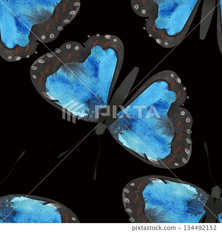 Butterfly. Blue Morpho. Seamless watercolor pattern for printing on fabric, textiles, wrapping paper, bags, notebooks and notepads. Trend for ss2026 Butterfly. Blue Morpho. Seamless watercolor pattern for printing on fabric, textiles, wrapping paper, bags, notebooks and notepads. Trend for ss2026 134492152