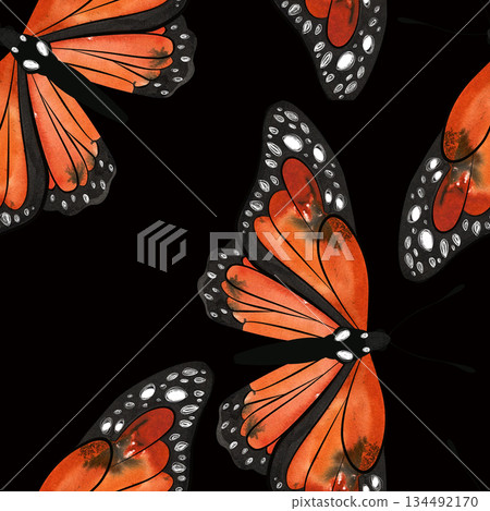 Butterfly. Monarch butterfly or Danaus plexippus. Seamless watercolor pattern for printing on fabric, textiles, wrapping paper, bags, notebooks and notepads. Trend for ss2026 134492170