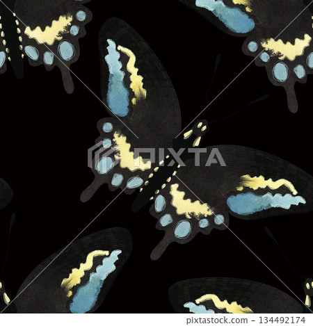 Black swallowtail Butterfly. Seamless watercolor pattern for printing on fabric, textiles, wrapping paper, bags, notebooks and notepads. Trend for spring/summer 2026 Black swallowtail Butterfly. Seamless watercolor pattern for printing on fabric, textiles, wrapping paper, bags, notebooks and notepads. Trend for spring/summer 2026 134492174