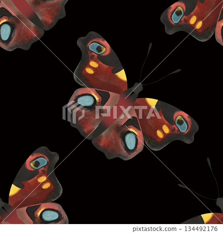 Peacock butterfly. Seamless watercolor pattern for printing on fabric, textiles, wrapping paper, bags, notebooks and notepads. Peacock butterfly. Seamless watercolor pattern for printing on fabric, textiles, wrapping paper, bags, notebooks and notepads. 134492176