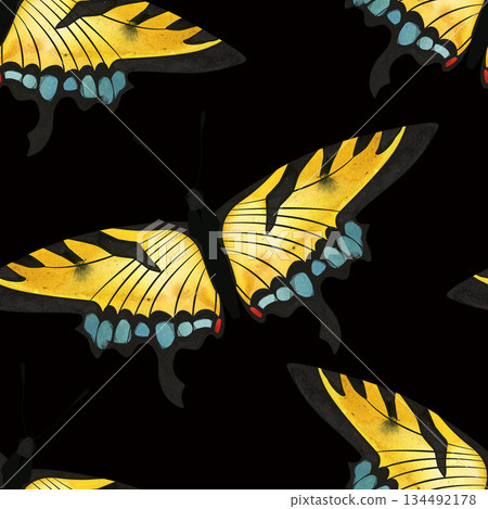 Butterfly. Eastern tiger swallowtail. Seamless watercolor pattern for printing on fabric, textiles, wrapping paper, bags, notebooks and notepads. 134492178