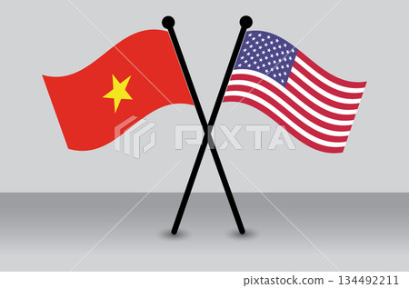 Crossed Flags of Vietnam and the USA Waving Flags Flat Style. Official Proportion. 134492211