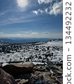 Snow-covered mountains under bright sun and clear sky panoramic view. 134492232