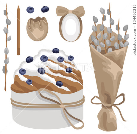 Hand-drawn Easter cake or cruffin, candle, Easter egg with a bow, blueberry and pussy willow branches collection Hand-drawn Easter cake or cruffin, candle, Easter egg with a bow, blueberry and pussy willow branches collection 134492313