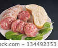 Sliced Italian salami, salami sausage, salami, sausage 134492353