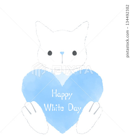 白色情人節插畫，一隻貓咪叼著一顆淺藍色的心 134492382