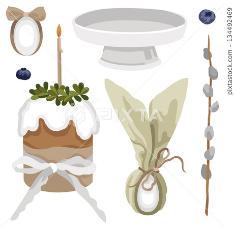 Hand-drawn Easter cake with a candle and bow, pussy willow branch and dyed egg and cake stand 134492469