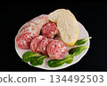 Sliced Italian salami, salami sausage, salami, sausage 134492503
