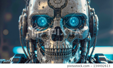 Close-up of a metallic robotic skull with glowing blue eyes 134492613