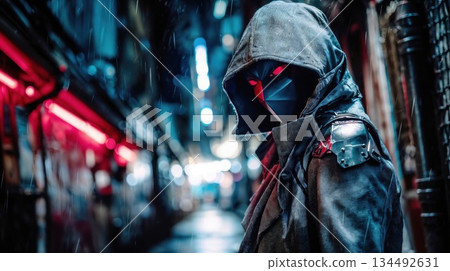 Hooded figure standing in a rainy cyberpunk alley with glowing red eyes Hooded figure standing in a rainy cyberpunk alley with glowing red eyes 134492631