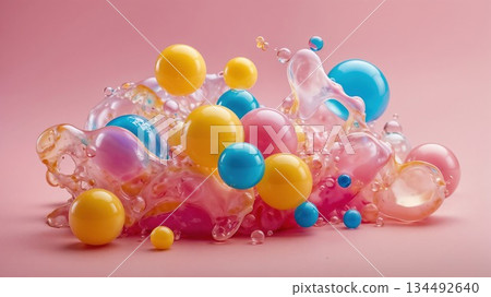 Colorful spheres floating and splashing in a vibrant abstract liquid composition Colorful spheres floating and splashing in a vibrant abstract liquid composition 134492640